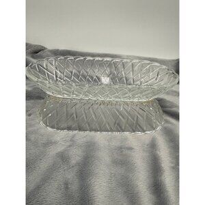 Two Vintage 60s Indiana Glass Basket Weave Clear Oblong Oval Bowl Celery Dish